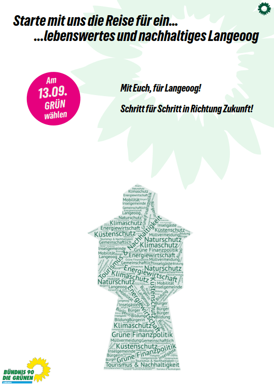 Deckblatt des Wahlprogrammes der Langeoog Grünen. Zu sehen ist das Logo der Grünen und Sonnenblume im Hintergrund. Davor der Störer mit dem Hinweis, dass am 13.09. die Kommunalwahl ansteht. Für den Bezug zu Langeoog ist eine Wortwolke stilisiert als Wasserturm von Langeoog. In der Wortwolke Wörter wie Klimaschutz, Küstenschutz, Nachhaltigkeit, Tourismus und Energiewirtschaft